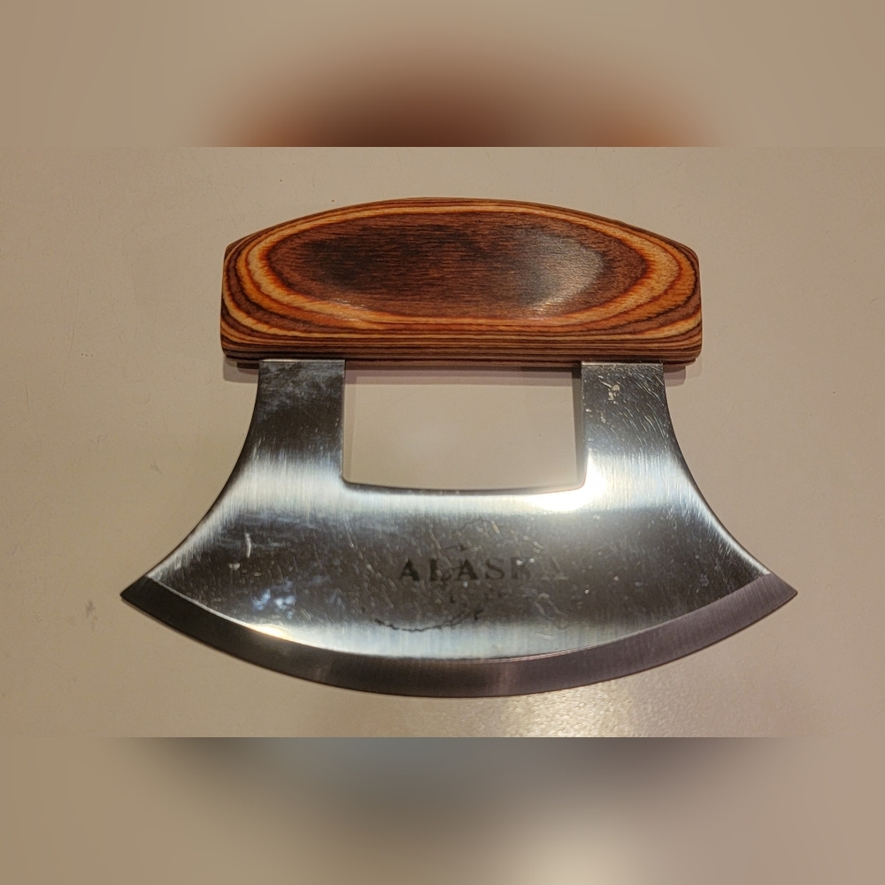 Alaska Ulu Knife Natural Exotic Wood Etched Stainless Steel Blade
